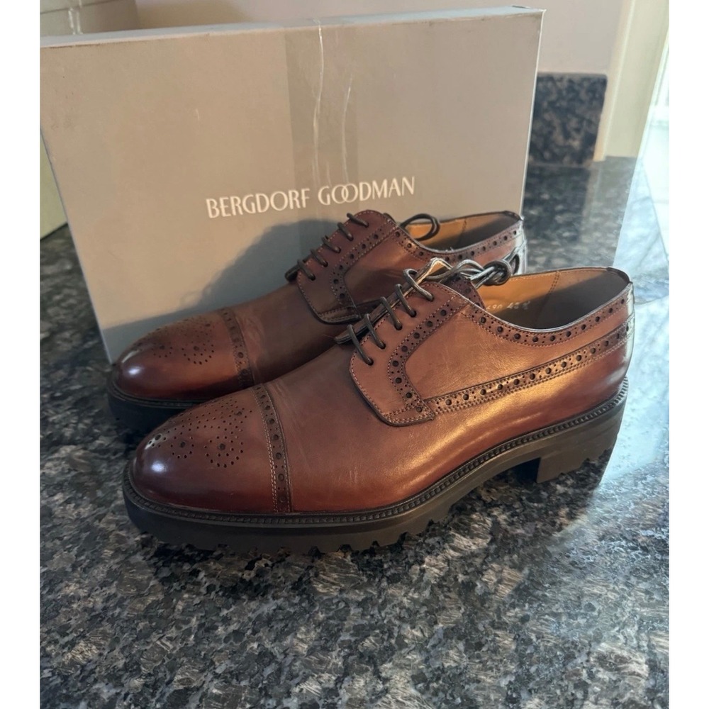 Bergdorf Goodman Venezia Red Brown Leather Brogue Cap Toe Lug Sole Shoes 43 10